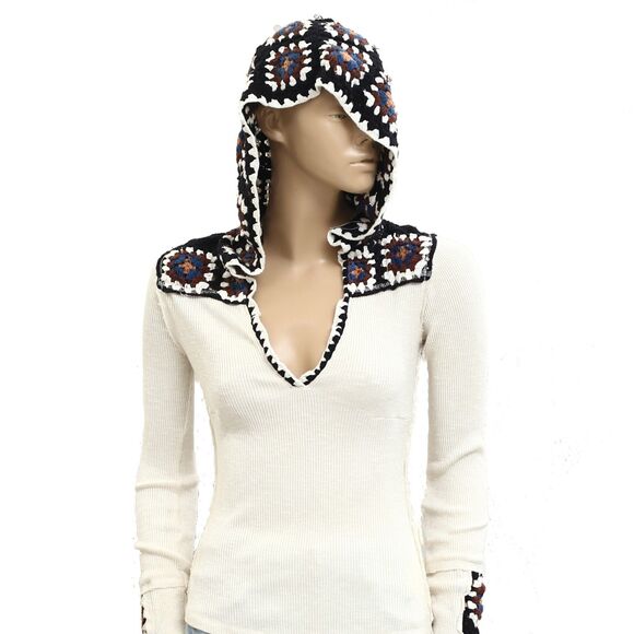 Free People Roswell Cuff Blouse Top Hoodie Crochet Ribbed Long Sleeve S 282404 - Picture 6 of 11